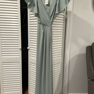 David's Bridal Light Sage Green Maxi Wrap Dress with Flutter Sleeves